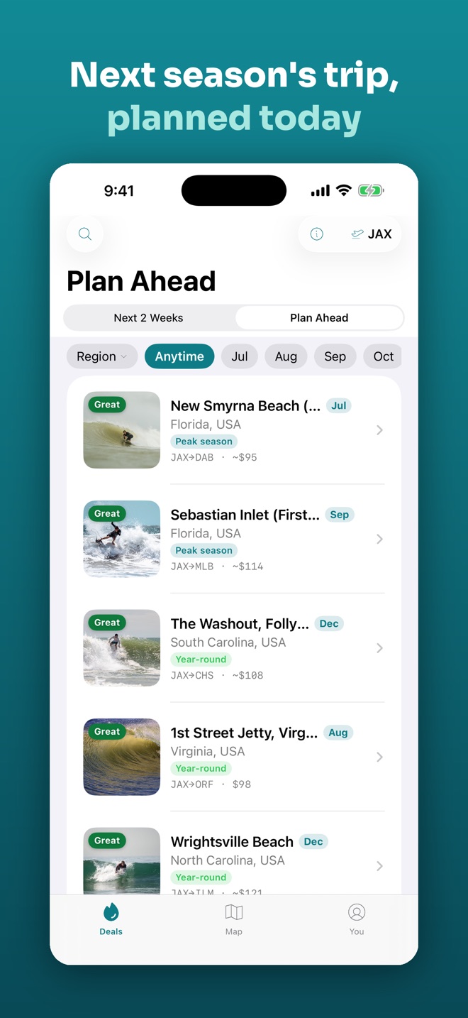 App screenshot titled 'Next season's trip, planned today': the Plan Ahead list ranking destinations by season — New Smyrna Beach, Sebastian Inlet, Folly Beach — with peak-season badges and typical fares.