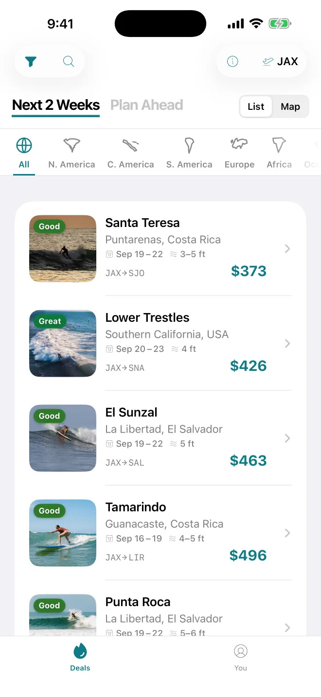The deals list: Santa Teresa, Lower Trestles, El Sunzal and Tamarindo from JAX, each with dates, wave height and a round-trip fare.